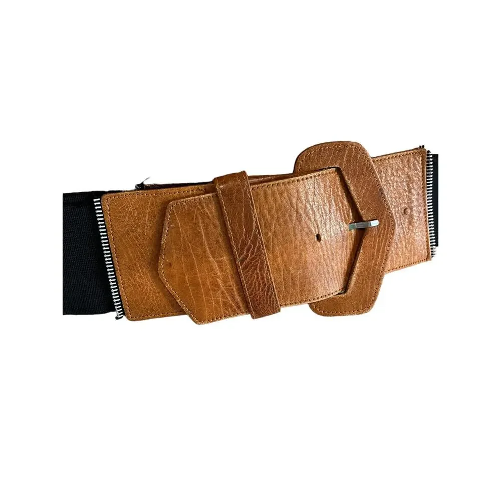 Vintage MZ Wide Leather Cinch Belt Whisky Brown Zipper Detail